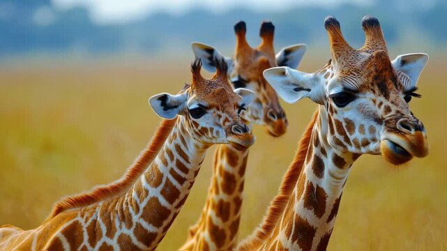 Stunning close up of a mother and baby giraffe in a golden grassy field in africa