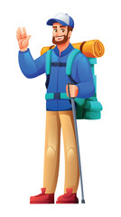 Happy hiker standing and waving, wearing a jacket, cap, and large backpack with a trekking pole. Vector cartoon character illustration