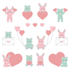 ハートとくまとうさぎのぬいぐるみのイラストセット