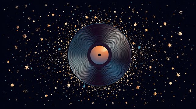A vinyl record surrounded by stars, creating a cosmic music theme with a dark background, evoking a sense of nostalgia and creativity.
