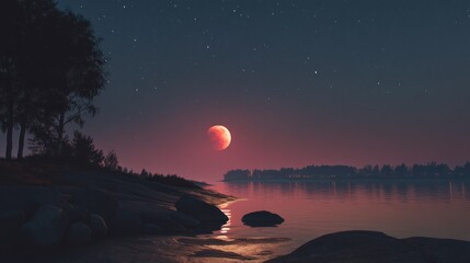 A stunning lunar eclipse over a serene lake with a rocky shoreline, illuminated by a full moon and stars in the sky, creating a dramatic and ethereal atmosphere