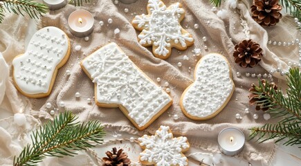 Christmas Cookies Shaped like Mittens and Snowflakes with Silver Pearls