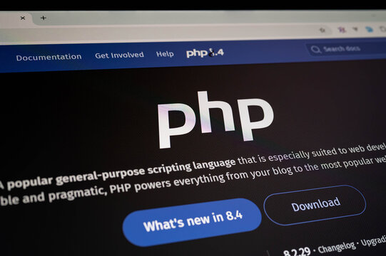Bangkok, Thailand - November 15th 2025 : Official PHP website featuring the PHP 8.4 logo and call-to-action buttons. Perfect for web development content, backend scripting