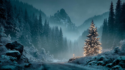 Christmas tree lights in snowy winter mountain landscape background art