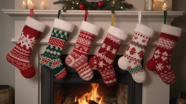 Row of knitted stockings hanging from mantel