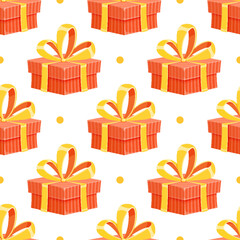 Seamless cartoon gift box pattern featuring vibrant ribbon and bow. Presents and surprises for celebration or birthday. Colorful holiday decor, ideal for wrapping event themes. Festive cheerful style
