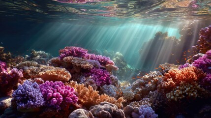 Obraz premium A vibrant underwater scene with colorful coral formations, sunbeams filtering through the water, and a variety of marine life.