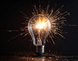 Glowing Light Bulb with Sparks on Dark Background