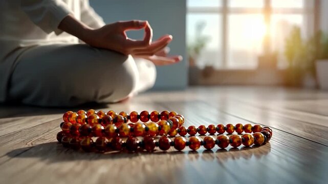 Woman meditating indoors with mala beads. Peaceful, mindful wellness concept.