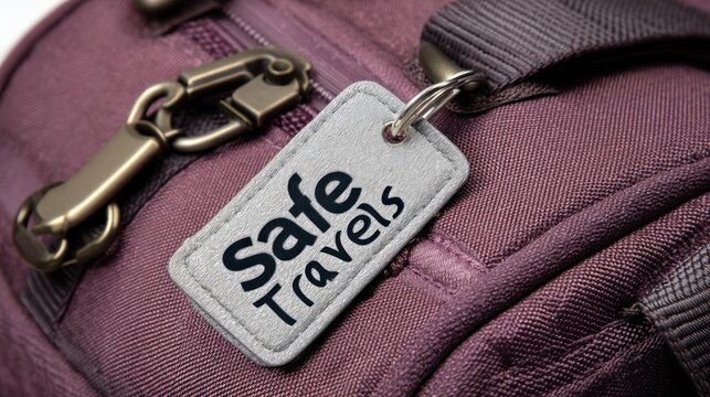Purple backpack with a tag that reads 'Safe Travels'