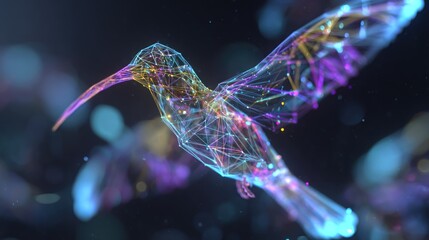 Fototapeta premium A colorful, abstract hummingbird with glowing, geometric patterns, flying against a dark, blurred background.