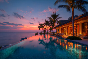 Stunning sunset view from a luxurious villa with an infinity pool by the ocean