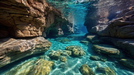 A stunning underwater cave with clear turquoise water, rocky formations, and a sunken waterfall, surrounded by vibrant coral reefs and marine life.