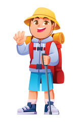 Boy hiker wearing a hat, shorts, and a large backpack, waving with one hand and holding a trekking pole. Vector cartoon character illustration
