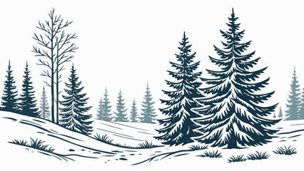 Fototapeta premium Winter landscape with coniferous trees and snow covered ground in a monochrome drawing style