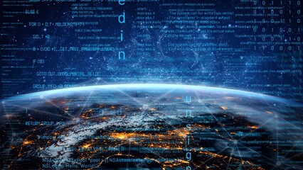 Captivating view of Earth at night, illuminated by city lights, overlaid with abstract digital data. The image symbolizes technology and global communication. Xenic