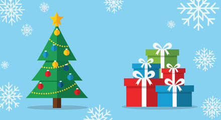 Festive Christmas Tree and Gift Stack Illustration on Light Blue Background.