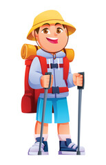 Boy hiker wearing a hat, shorts, and a large backpack, holding trekking poles. Vector cartoon character illustration