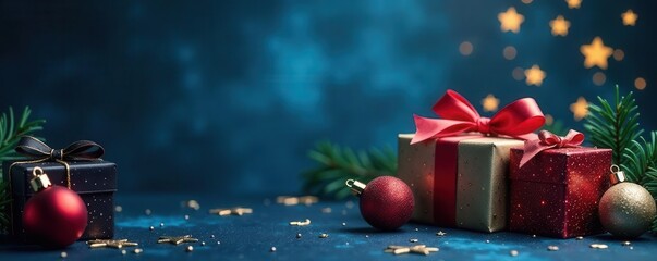 Dark blue background, glittering stars, wrapped presents, festive baubles , stars, presents, graphic