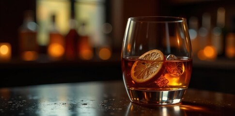 Deep amber cognac in elegant glass, dark bar setting , snifter, texture