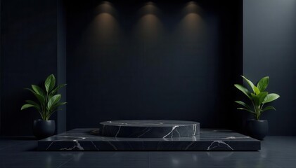 Granite podium, black wall, minimalist display, product placement, granite