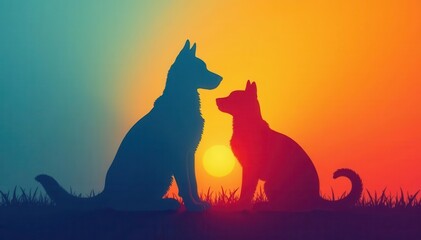 Intertwined cat and dog silhouettes, relaxed pose , illustration, shape