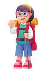 Happy girl hiker wearing glasses, a headband, shorts, and a large backpack, waving while holding a trekking pole. Vector cartoon character illustration
