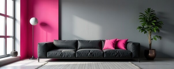 Sleek grey & pink walls, black sofa, modern decor, walls, decor
