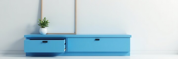 White backdrop, blue chest drawers, poster on top , home decor, poster, drawers