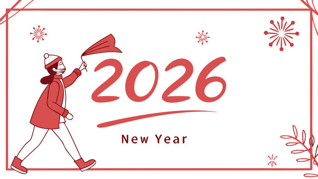 Illustration of a person waving a flag with the year 2026 and new year text in red color scheme