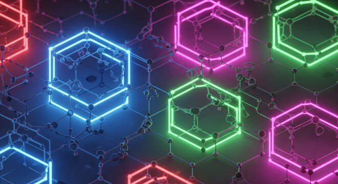 Vibrant neon hexagon network glows with futuristic energy, perfect for tech startups and innovative designs, creating a bold and modern statement