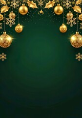 Premium emerald green background presents golden ornaments with soft glowing festive atmosphere