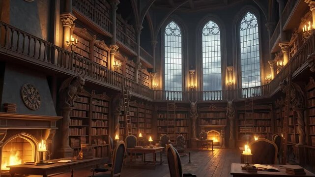 Animated interior of a vast gothic library at night. Mysterious ancient hall with bookshelves, a fireplace, and candlelight. Fantasy and dark academia setting