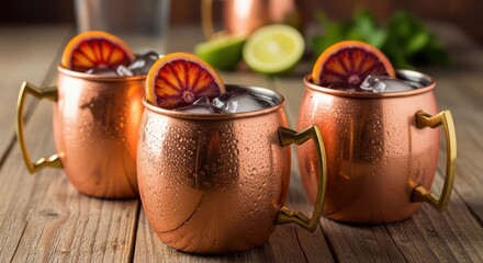 Refreshing moscow mule cocktails in copper mugs garnished with blood orange