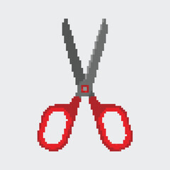 Pixel art open scissors icon with red handle for cutting and hair