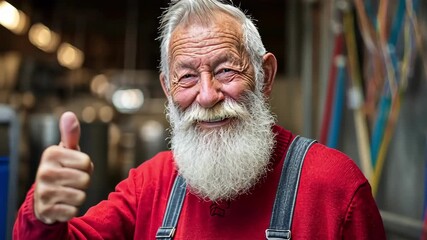 Smiling senior man giving thumbs up in an industrial setting, cheerful and positive.
