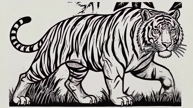 Hand-drawn animation of a walking tiger in black and white. Sketch style illustration with a morphing glitch effect. Abstract wildlife art
