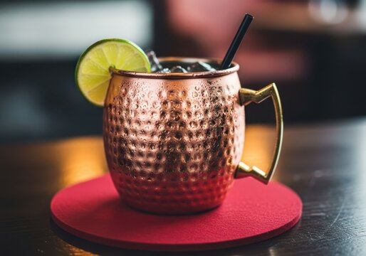 Closeup of a moscow mule cocktail in a copper mug with a lime garnish