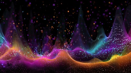 A colorful, abstract digital wave pattern with a gradient of purple, blue, green, and orange, set against a black background with a few scattered white dots. 