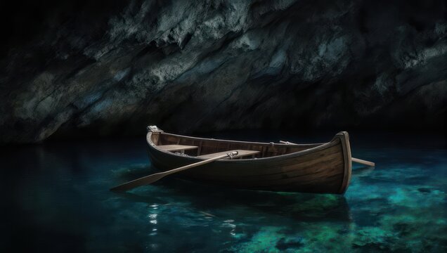 Solitary wooden canoe on crystal clear water in a dark rocky cavern.