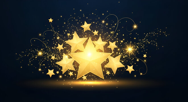 Festive golden stars illustration with sparkling light trails and dark background - Powered by Adobe