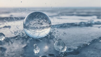 Water droplet sphere reflecting environment, splash, and ripples, beautiful.