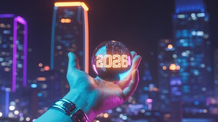 Futuristic 2026 vision held in hand over vibrant city lights creating a sense of hope and anticipation for the new year and future possibilities ahead