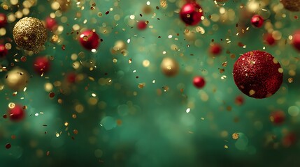 blurred green background with floating gold confetti and red baubles, festive sparkle, copy space
