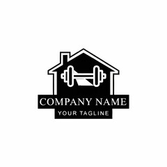 Home Gym Fitness Logo Design with Dumbbell Icon Inside House Silhouette.