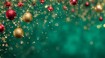 blurred green background with floating gold confetti and red baubles, festive sparkle, copy space