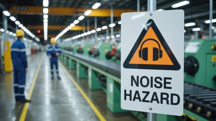 Protecting hearing in manufacturing environment with noise hazard sign and workers in safety gear, promoting safe practices and workplace wellness programs