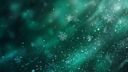 snowflakes and glitter dust over emerald green background, subtle light rays, magical Christmas feel
