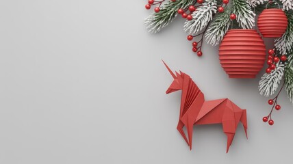 Naklejka premium Magical holiday season with red origami unicorn, frosted branches, and ornaments for elegant winter designs with a touch of festive charm
