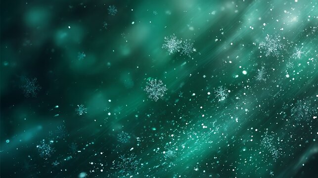 snowflakes and glitter dust over emerald green background, subtle light rays, magical Christmas feel